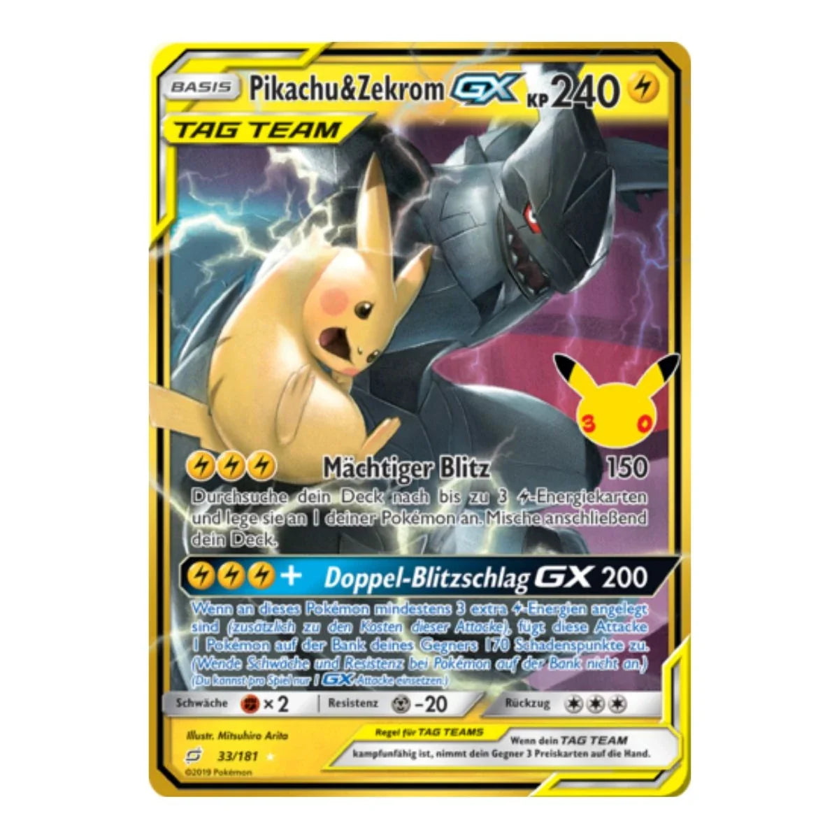 Pikachu & Zekrom GX 33/181 Pokemon 30 Jahre