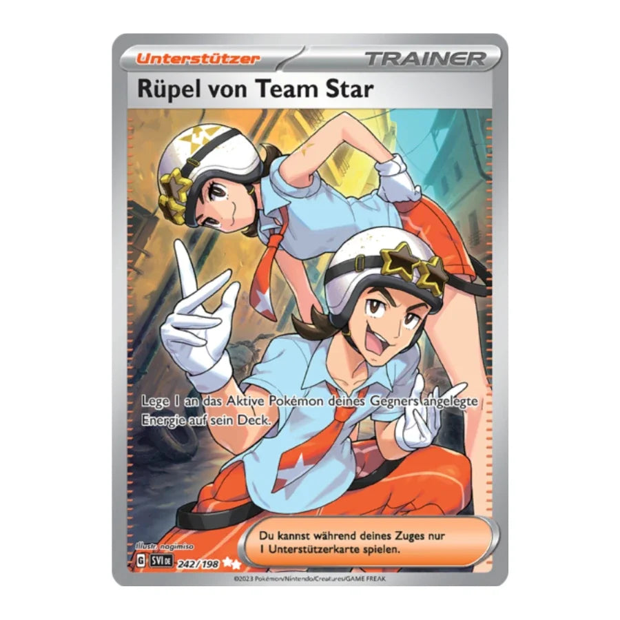 Rüpel von Team Star Trainer Full Art Deutsch 242/198 Karmesin & Purpur